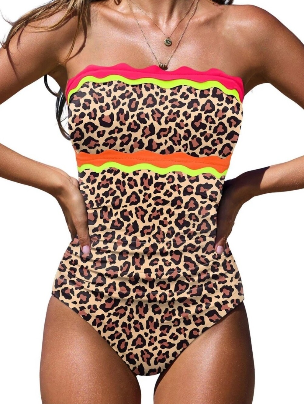 Popvil Tummy Control Leopard Print Swimsuit with Neon Trim- Size XL